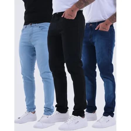 Kit 3 Calças Jeans Skinny Masculina Com Lycra Estica Bem Nf Azul Claro Cinza Preta 46